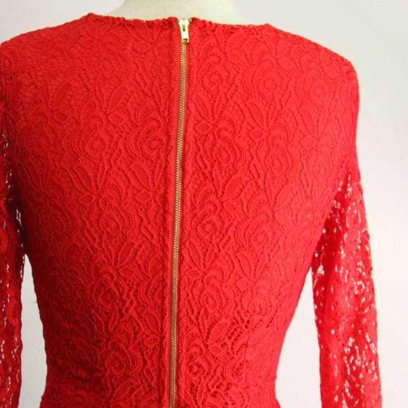 Long Sleeve Red Lace Crochet Cutout Skater Dress - Picture 4 of 9